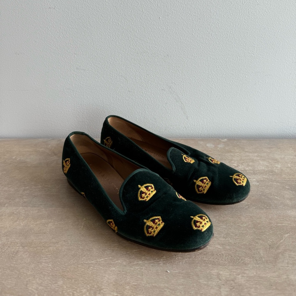 Stubbs & Wootton x J. Crew Green Velvet Slippers w Crowns